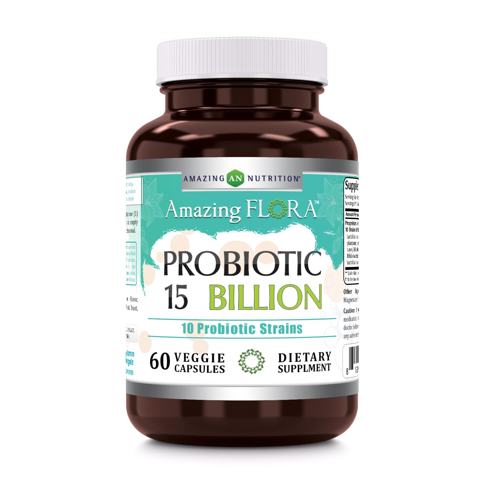 Front view of Amazing Flora Probiotic bottle with label showing 10 strains and 15 Billions