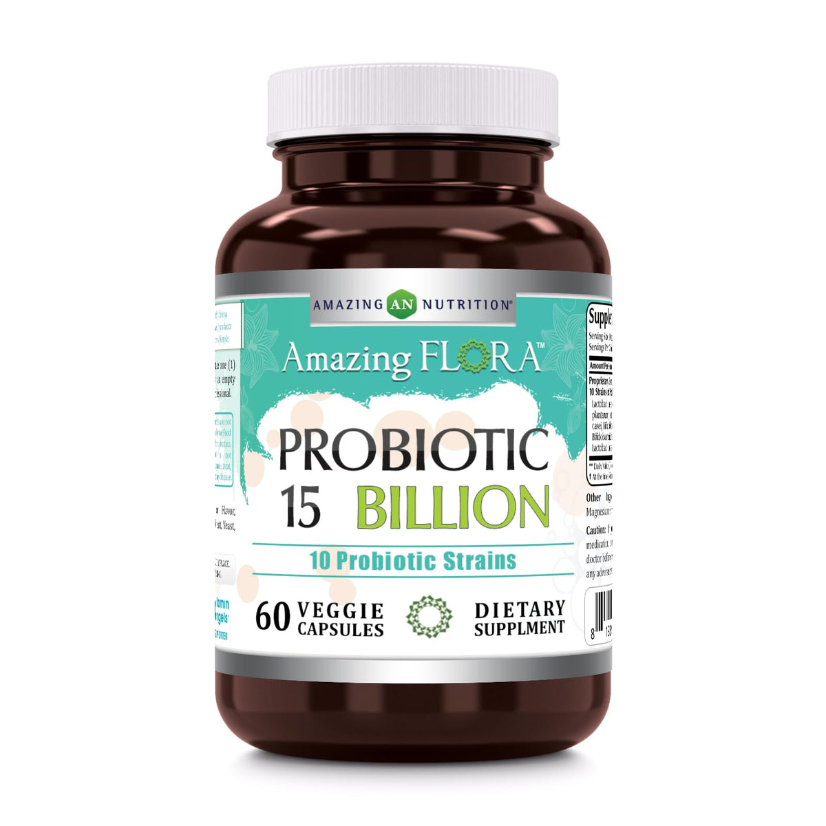 Front view of Amazing Flora Probiotic bottle with label showing 10 strains and 15 Billions