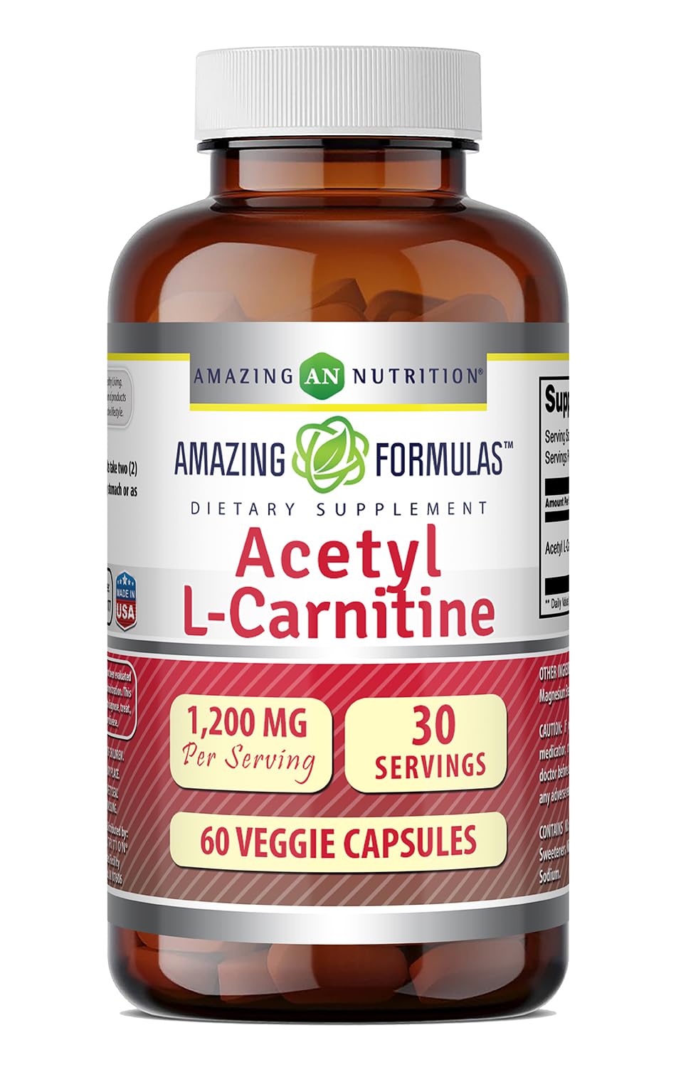 Bottle of Amazing Formulas Acetyl L-Carnitine 1200 mg with label