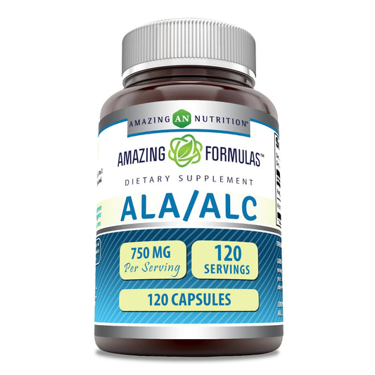 Front view of Amazing Formulas ALA/ALC 750 mg capsules bottle