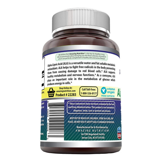 Close-up of Alpha Lipoic Acid capsules and bottle showing 600 mg per serving
