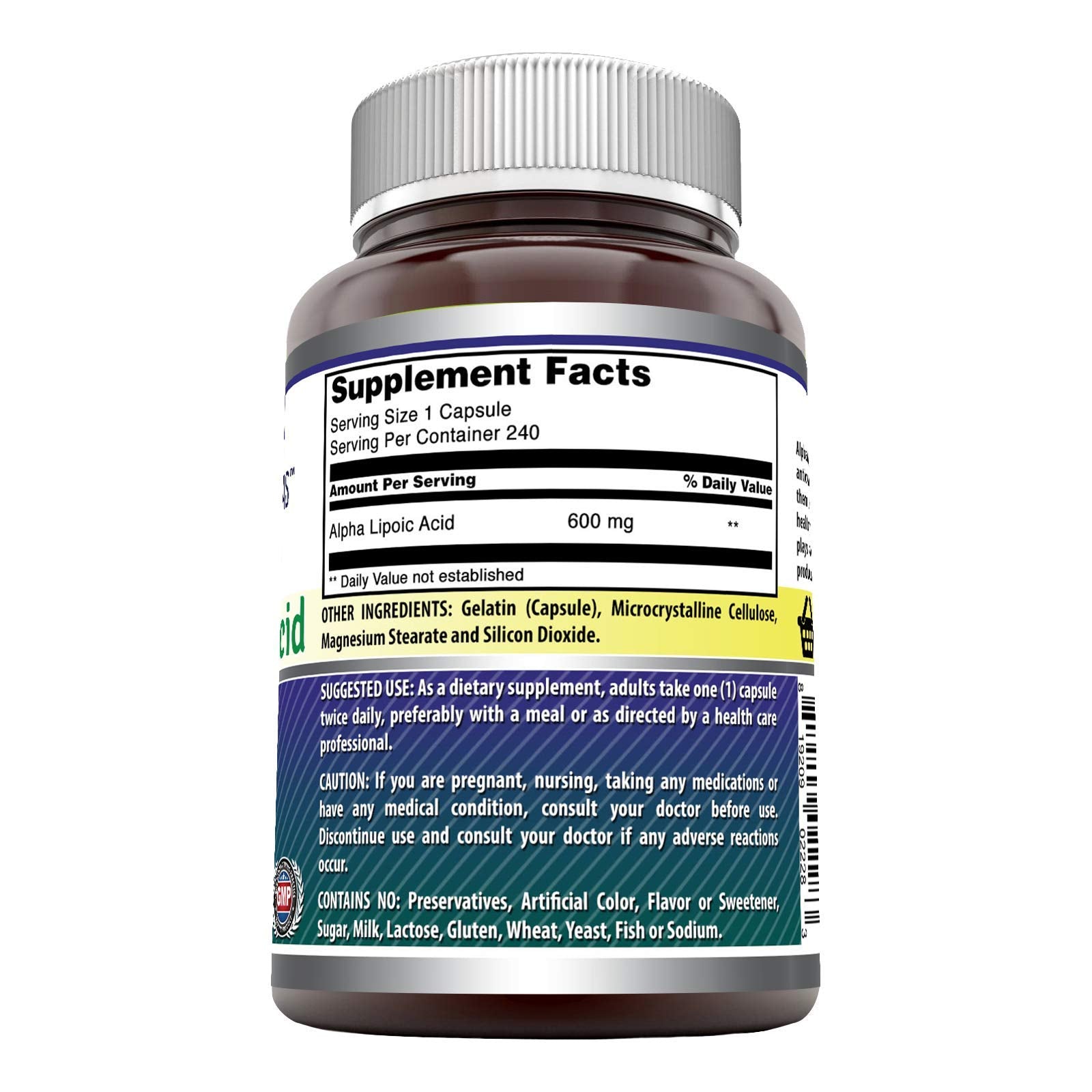 Supplement facts panel and bottle on white background