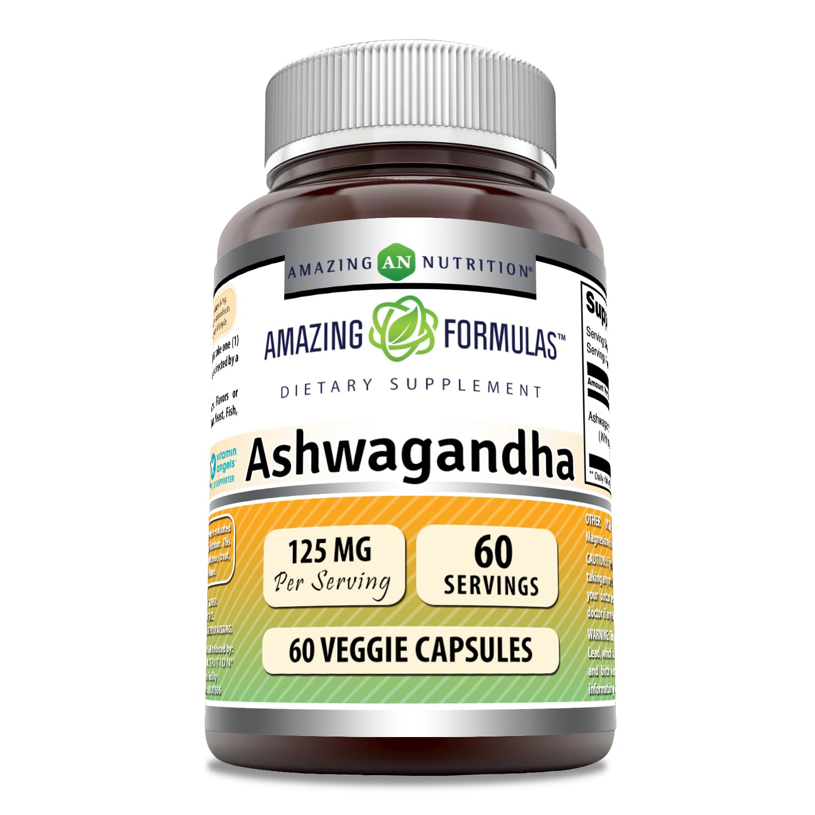 Bottle label of Amazing Formulas Ashwagandha Extract Supplement showing 125 mg per serving
