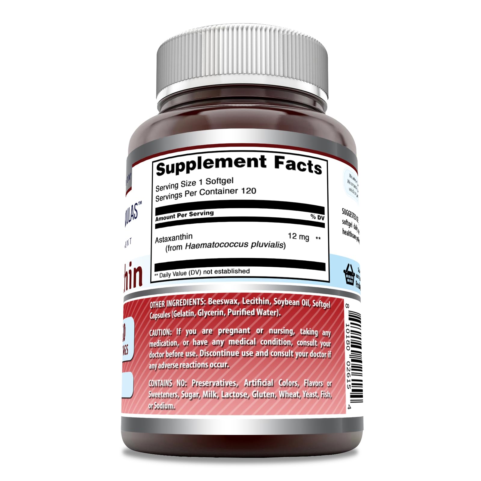 Astaxanthin bottle label showing GMO Free note