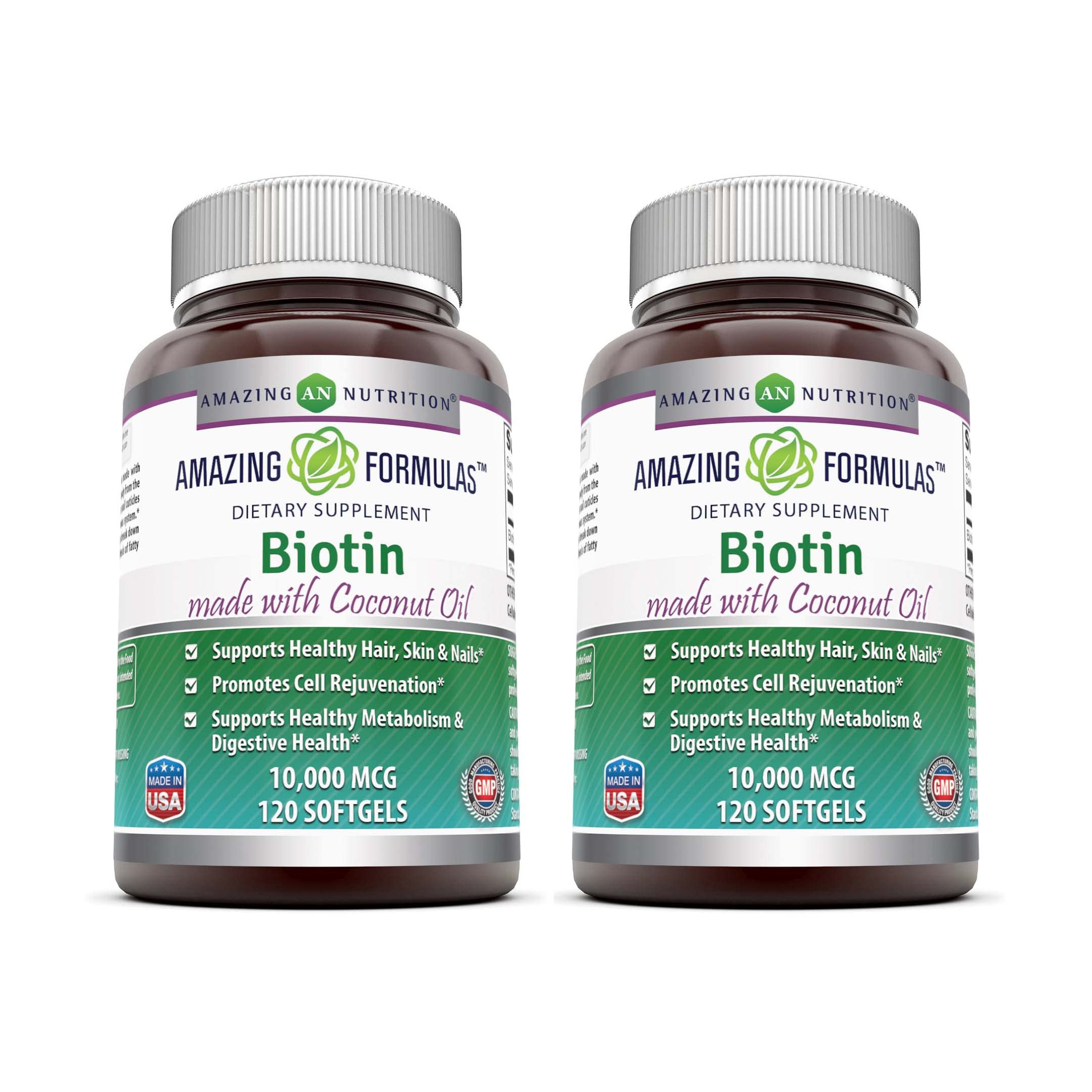Bottle and box of Amazing Formulas Biotin with Coconut Oil Softgels, 120-count, 2-pack