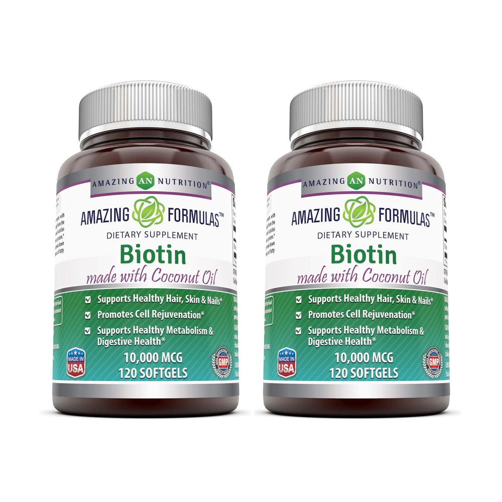 Bottle and box of Amazing Formulas Biotin with Coconut Oil Softgels, 120-count, 2-pack