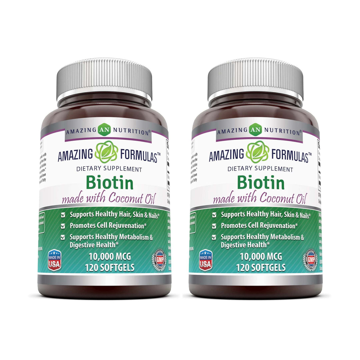 Bottle and box of Amazing Formulas Biotin with Coconut Oil Softgels, 120-count, 2-pack