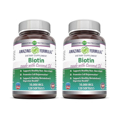 Bottle and box of Amazing Formulas Biotin with Coconut Oil Softgels, 120-count, 2-pack