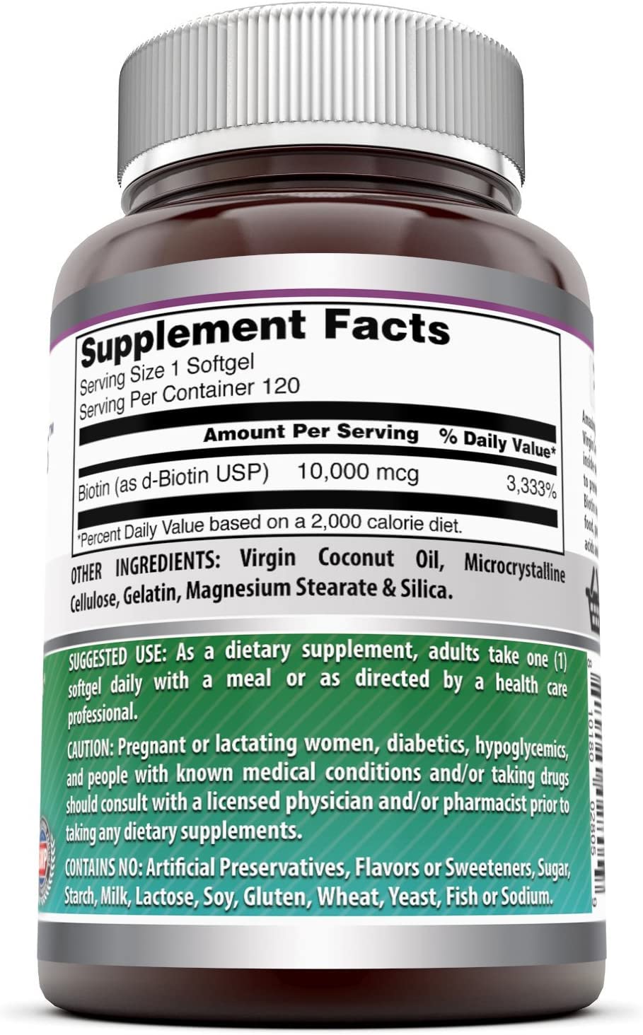 Label and packaging of Amazing Formulas Biotin with Coconut Oil Softgels – Non-GMO, Gluten-Free, Made in USA