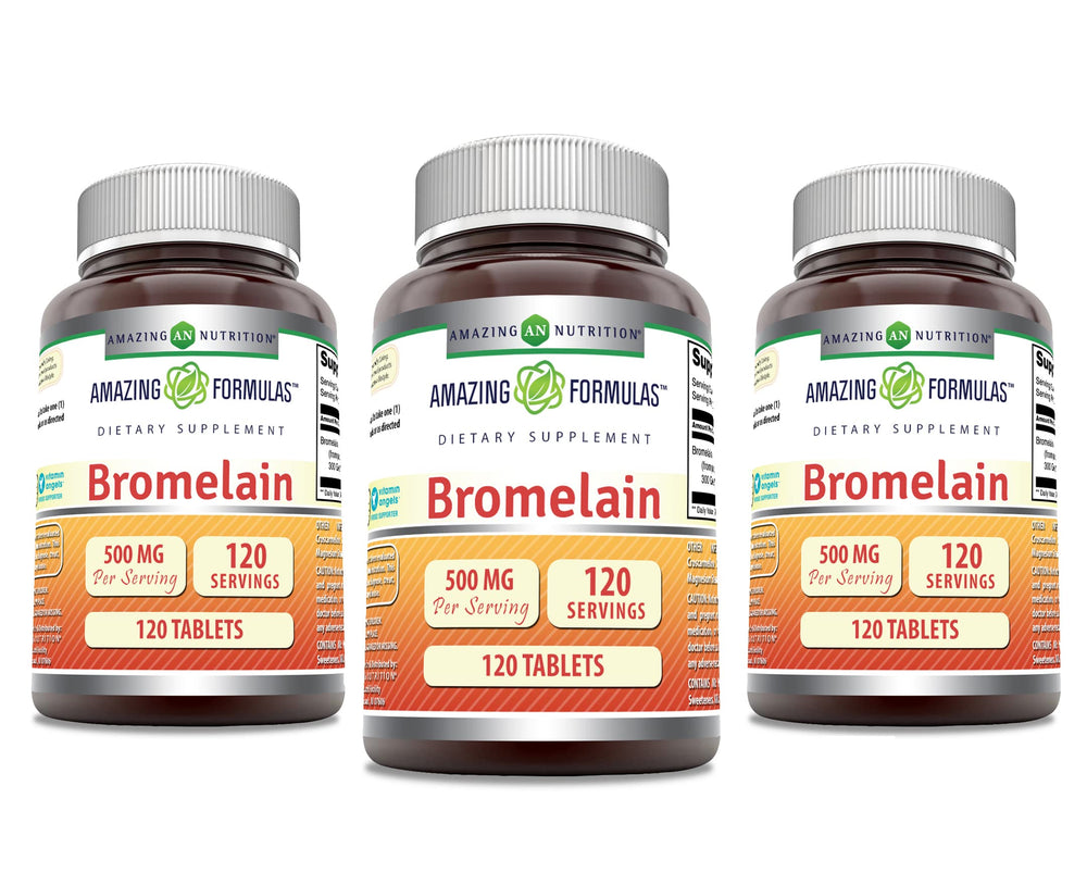 Amazing Formulas Bromelain 500 mg tablets bottle – 120-count per bottle, pack of 3