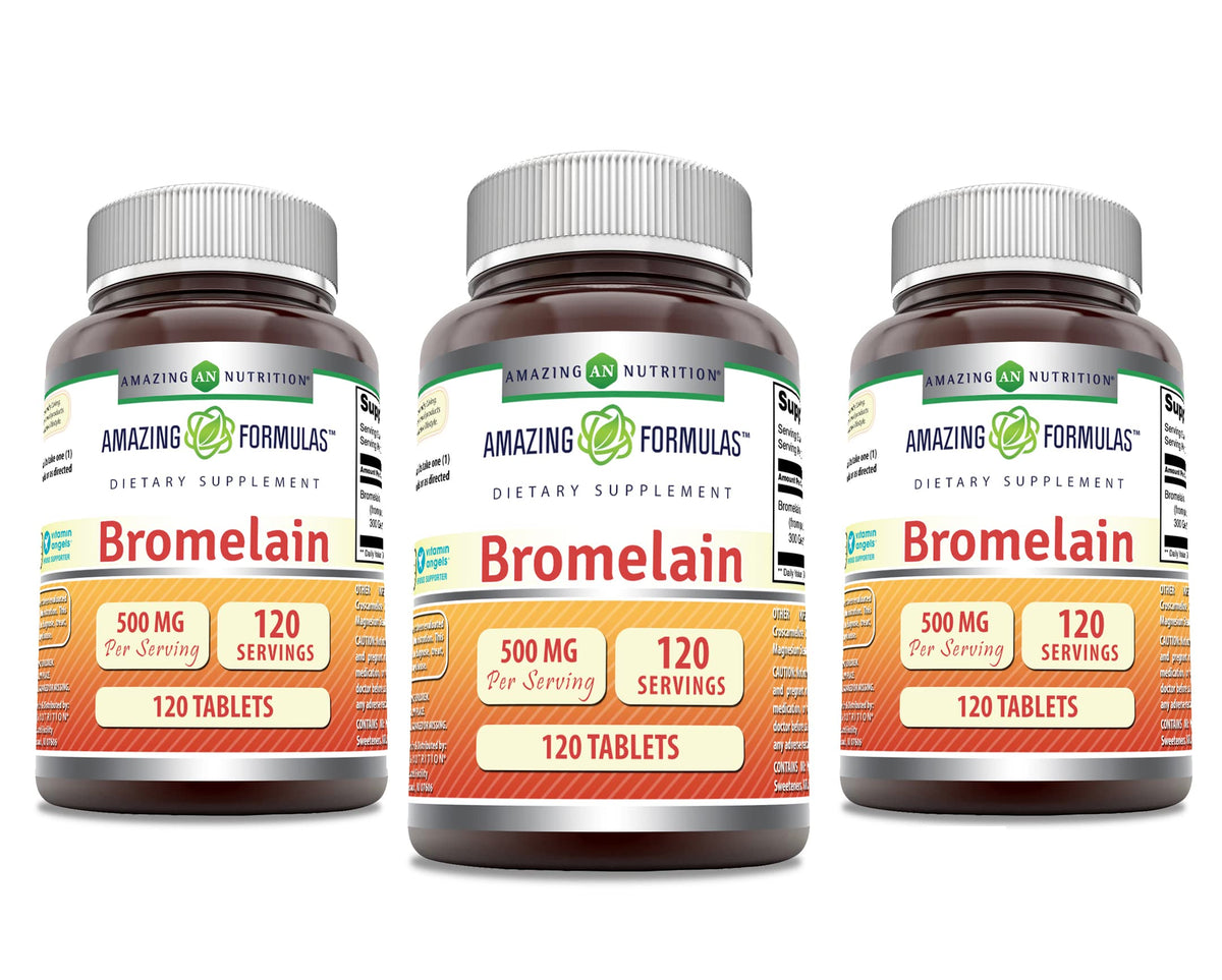 Amazing Formulas Bromelain 500 mg tablets bottle – 120-count per bottle, pack of 3