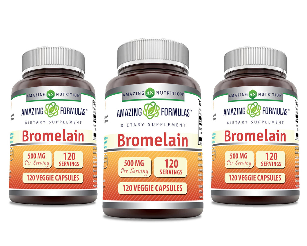 Bottle of Amazing Formulas Bromelain 500 mg with 120 veggie capsules in a 3-pack