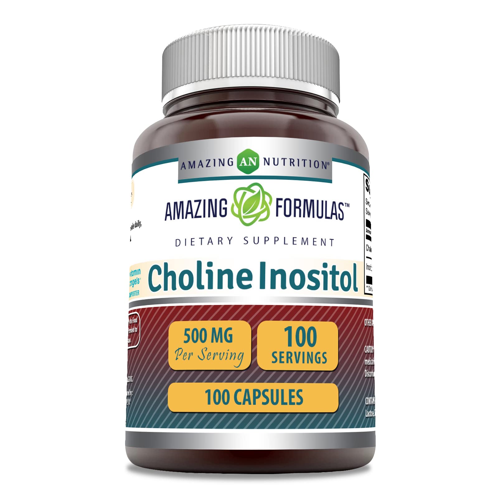 Front view of Amazing Formulas Choline & Inositol 500 mg capsules bottle
