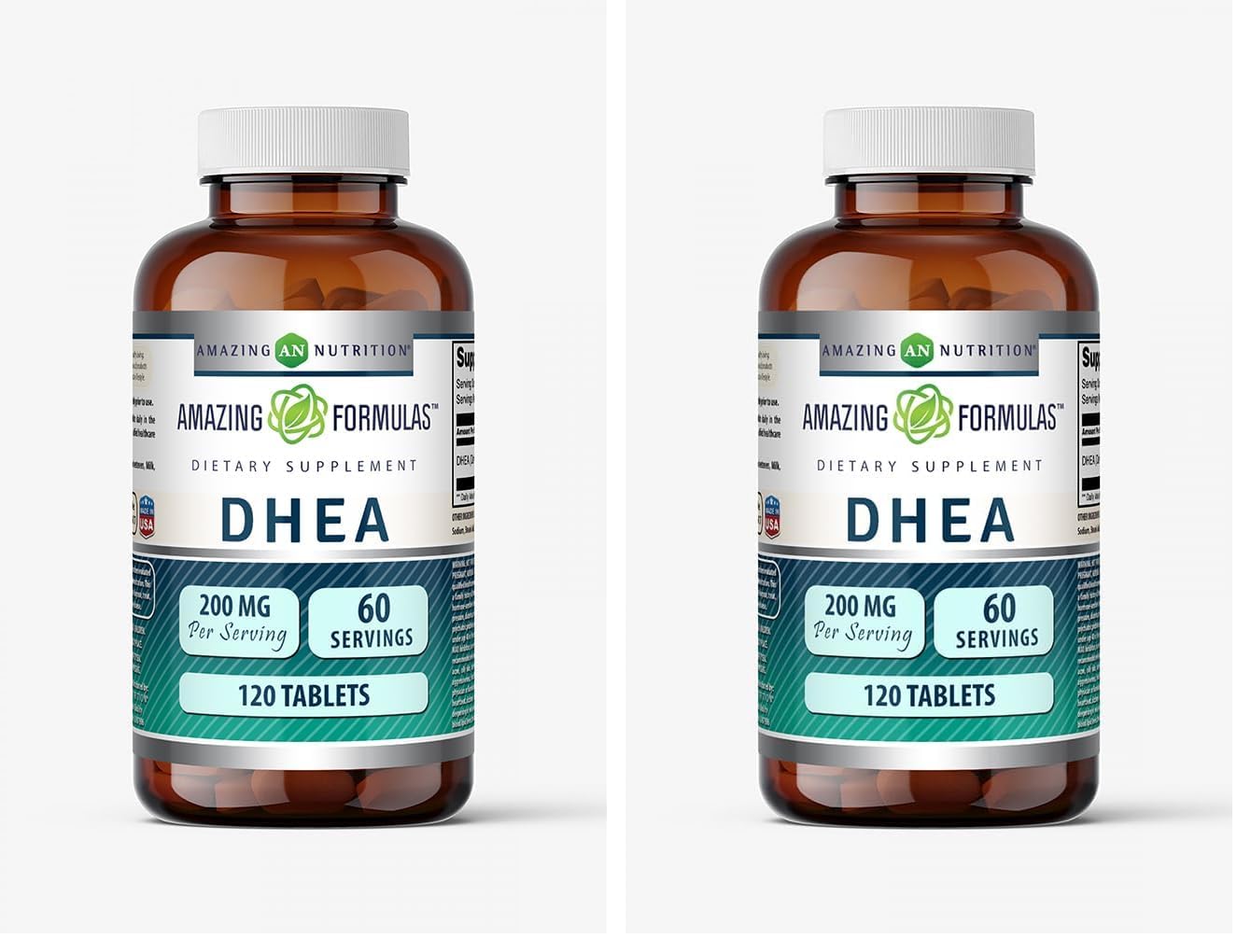 Front view of Amazing Formulas DHEA supplement bottle showing 200 mg per serving 120 tablets pack of 2