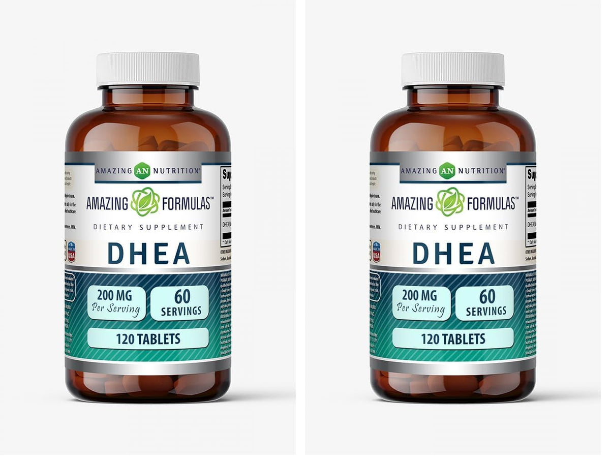 Front view of Amazing Formulas DHEA supplement bottle showing 200 mg per serving 120 tablets pack of 2