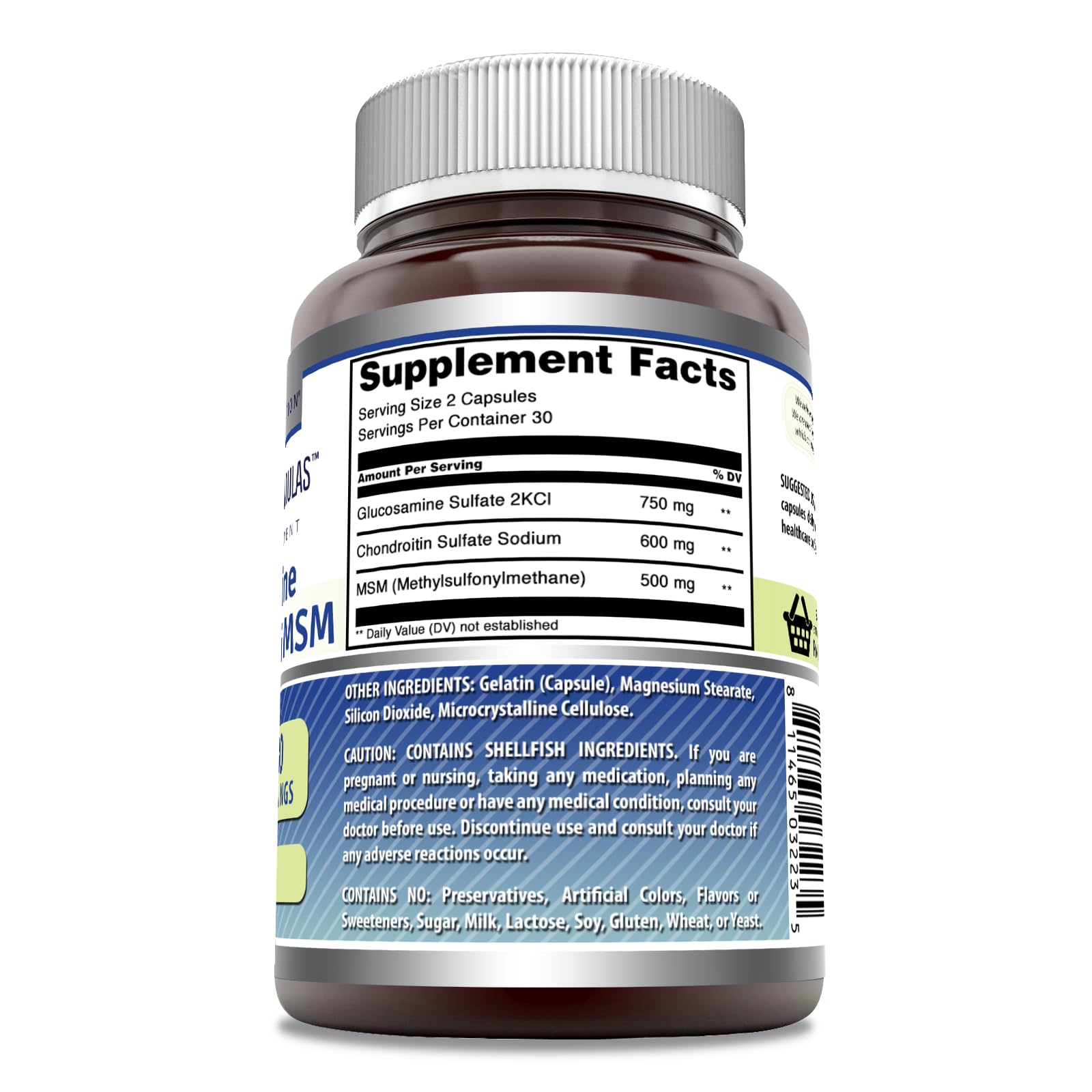 Nutrition facts showing 750 mg Glucosamine, 600 mg Chondroitin, 500 mg MSM per serving