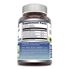Nutrition facts showing 750 mg Glucosamine, 600 mg Chondroitin, 500 mg MSM per serving