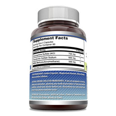Close-up of label showing 750 mg Glucosamine, 600 mg Chondroitin, 500 mg MSM per serving