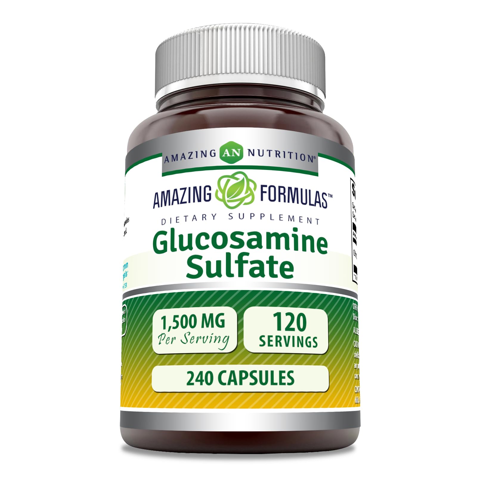 Front view of Amazing Formulas Glucosamine Sulfate 1500 mg Capsules bottle, 240-count