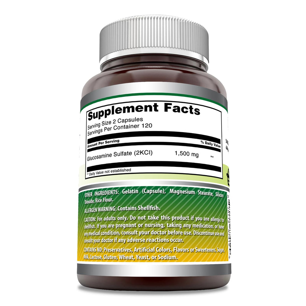 Packaging photograph of Amazing Formulas Glucosamine Sulfate 1500 mg Capsules bottle with 240-count