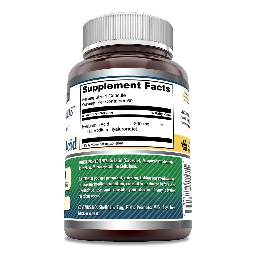 Close-up of Amazing Formulas Hyaluronic Acid 200 mg capsules in bottle