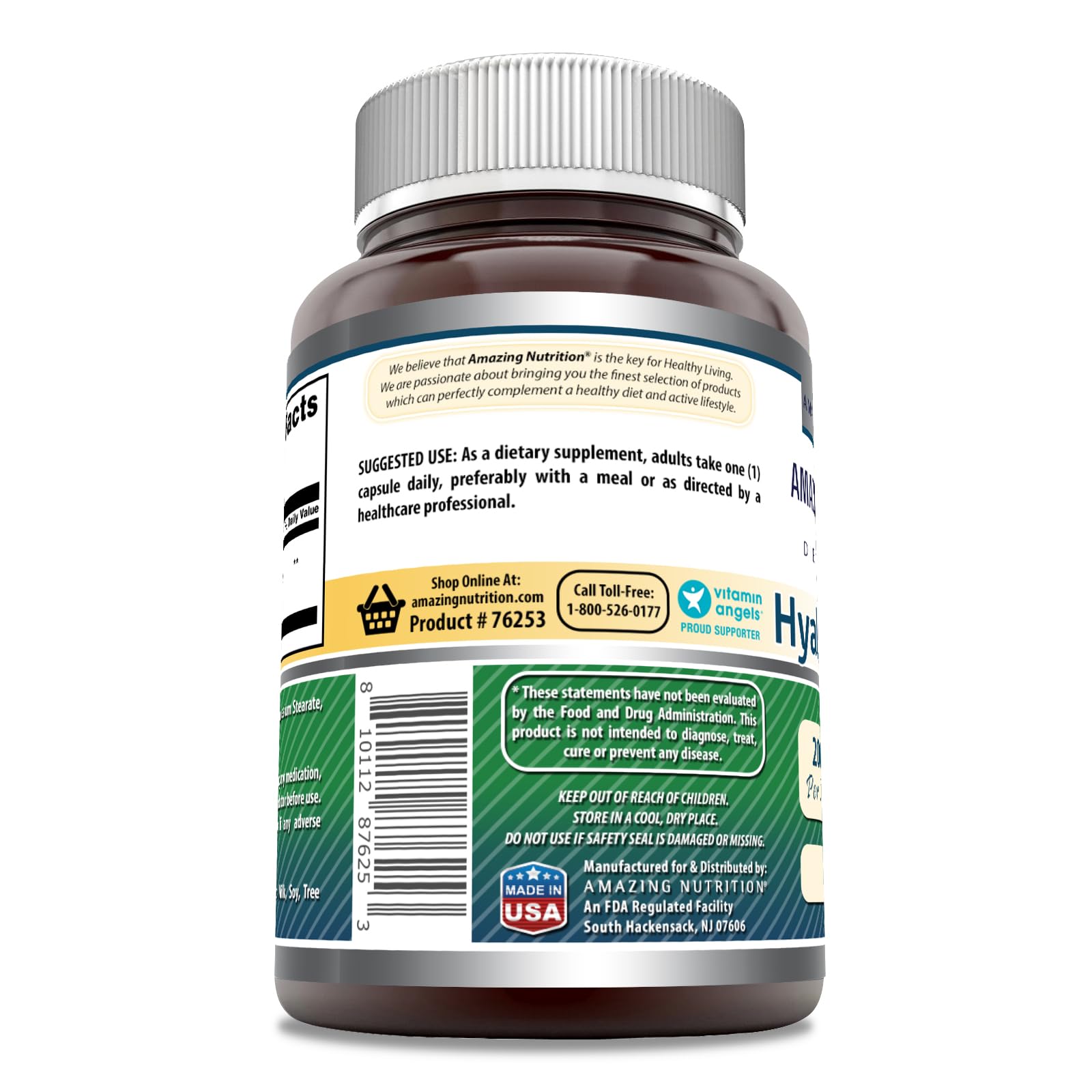Non-GMO, Gluten Free, Made in USA label on Amazing Formulas Hyaluronic Acid packaging