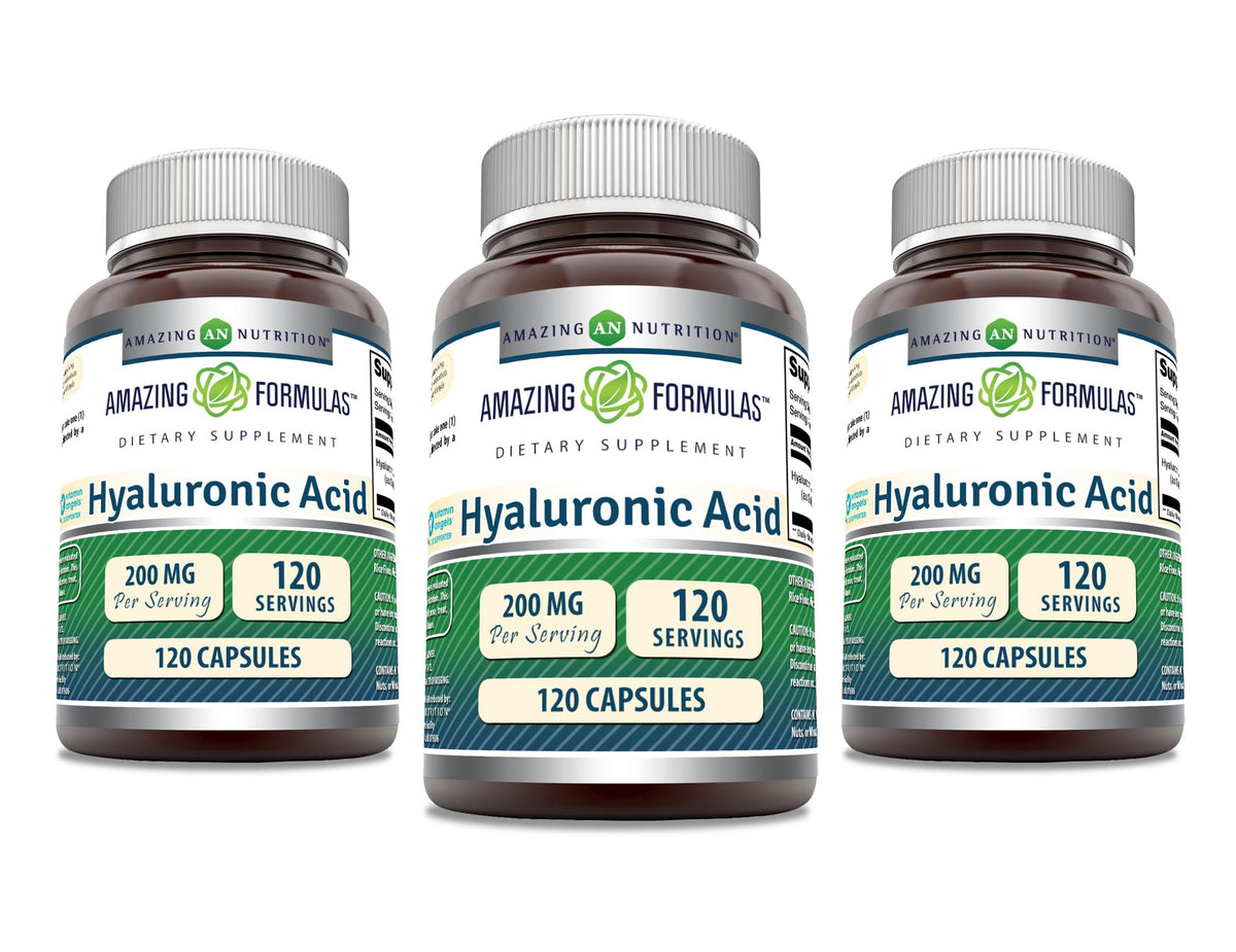 Bottle of Amazing Formulas Hyaluronic Acid 200 mg capsules - 120 count - 3 pack