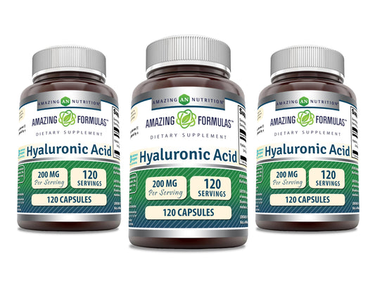 Bottle of Amazing Formulas Hyaluronic Acid 200 mg capsules - 120 count - 3 pack