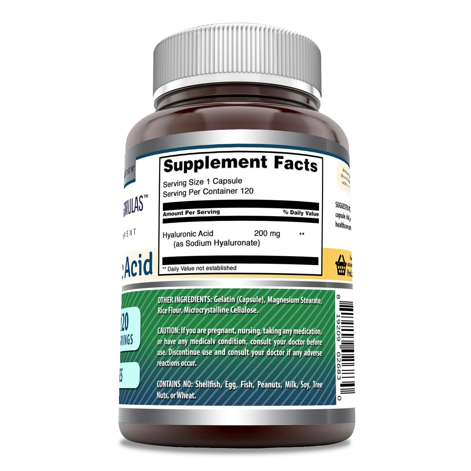 Label on Amazing Formulas Hyaluronic Acid 200mg bottle with 120 capsules