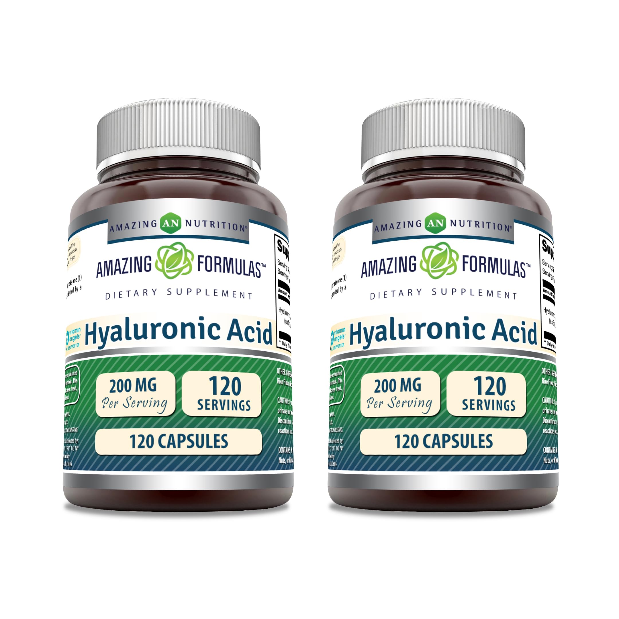 Bottle of Amazing Formulas Hyaluronic Acid 200 mg capsules, 120-count, Made in USA