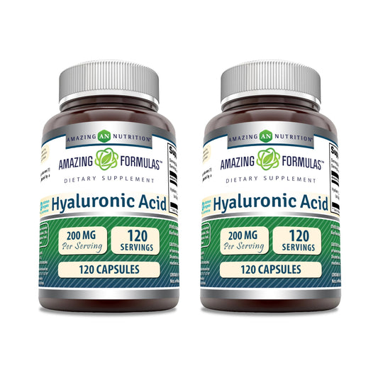 Bottle of Amazing Formulas Hyaluronic Acid 200 mg capsules, 120-count, Made in USA