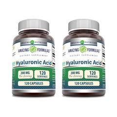Bottle of Amazing Formulas Hyaluronic Acid 200 mg capsules, 120-count, Made in USA