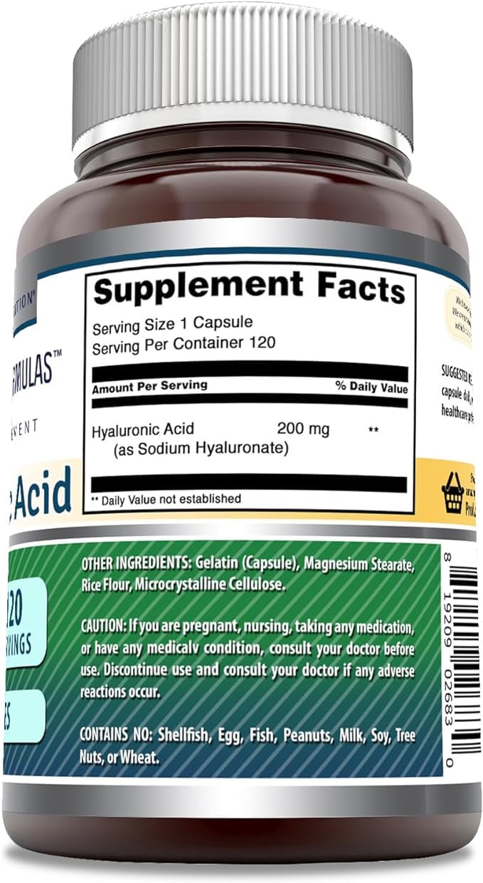 Front view of Amazing Formulas Hyaluronic Acid 200 mg capsules label