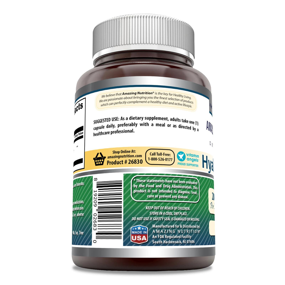 Product packaging label for Amazing Formulas Hyaluronic Acid 200 mg 120-count 3-pack