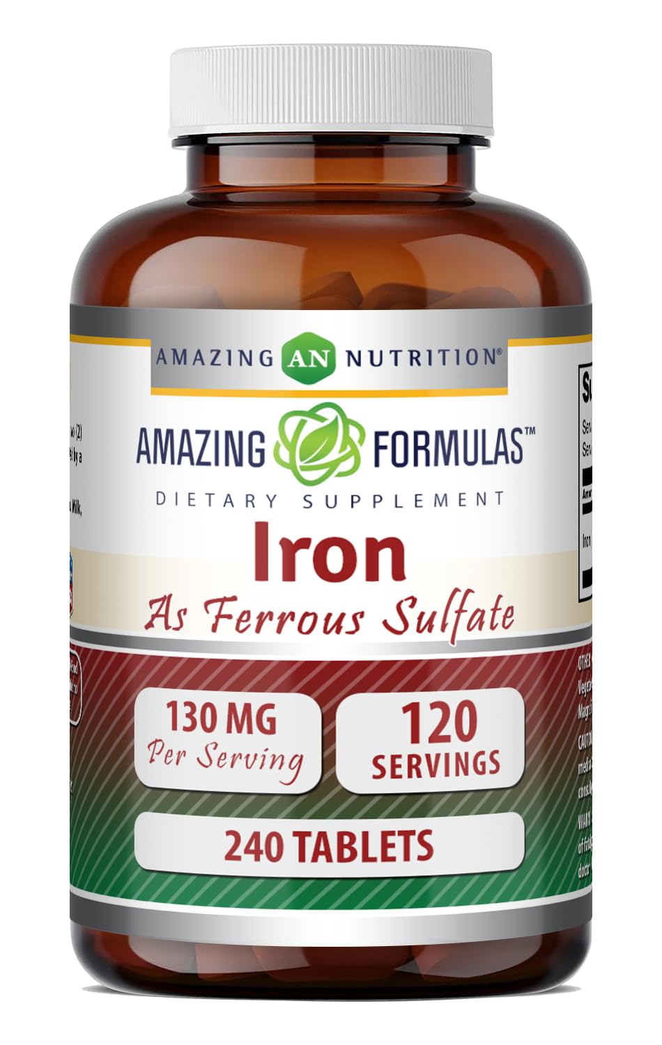Front view of Amazing Formulas Iron supplement bottle with ferrous sulfate 130 mg per serving