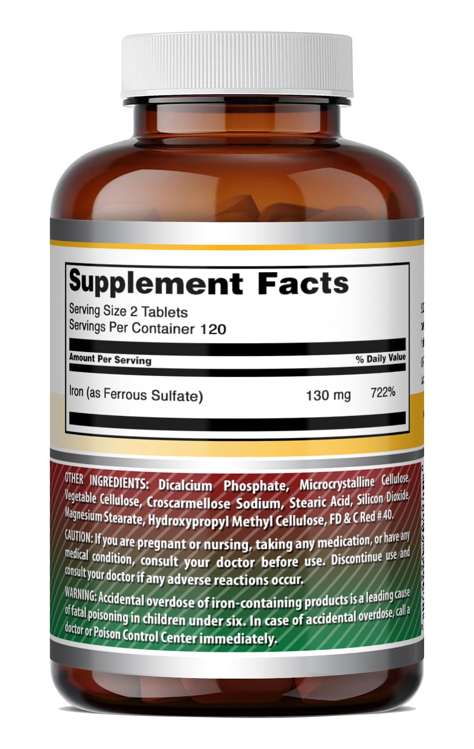 Product label showing 130 mg iron per serving on ferrous sulfate supplement