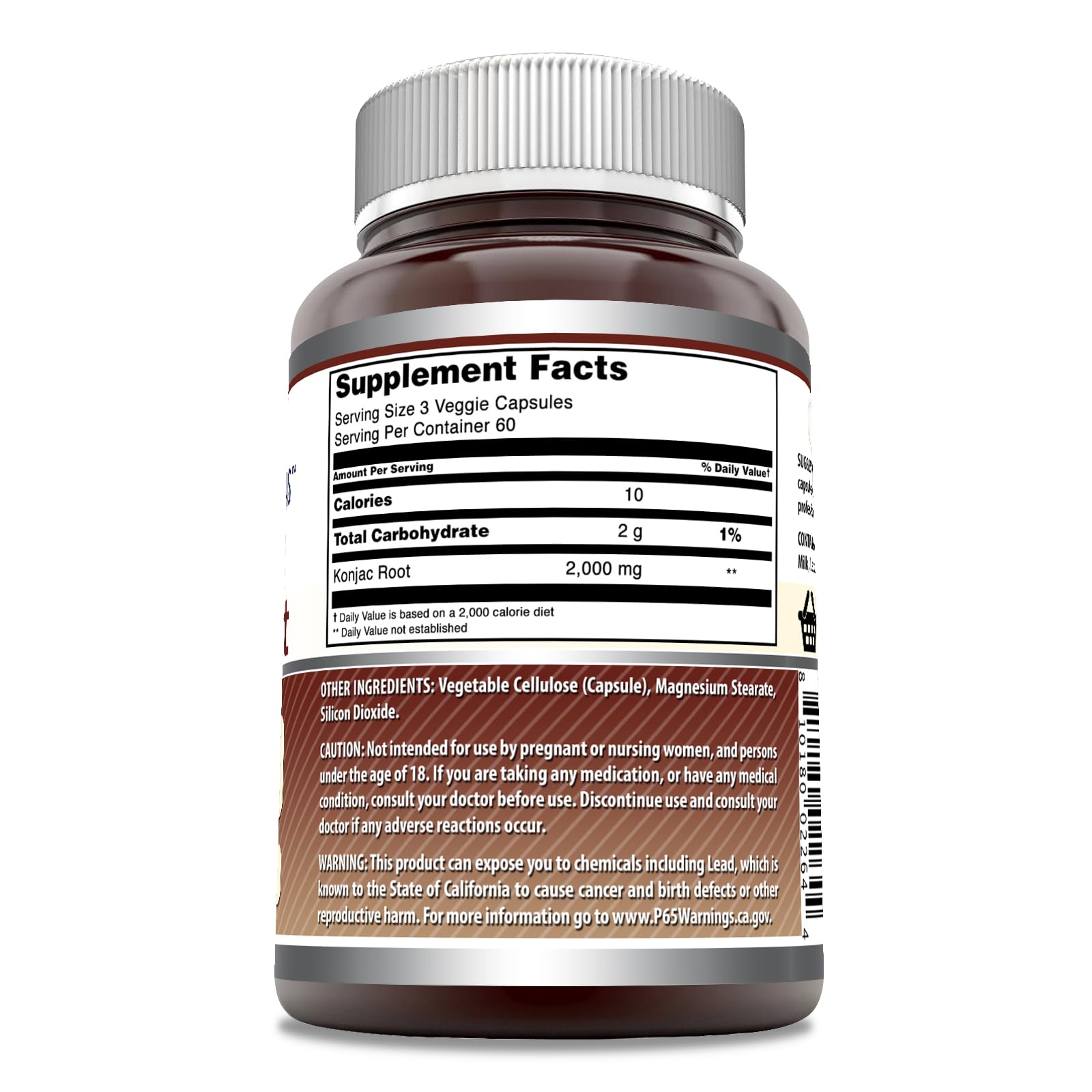 Close-up of Konjac Root Supplement label showing 2000 mg per serving and 60 servings per bottle
