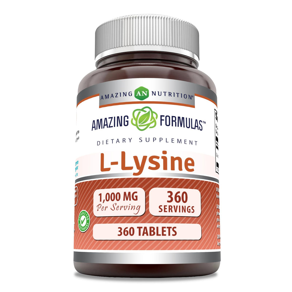 Bottle label of Amazing Formulas L-Lysine 1000 Mg 360 tablets