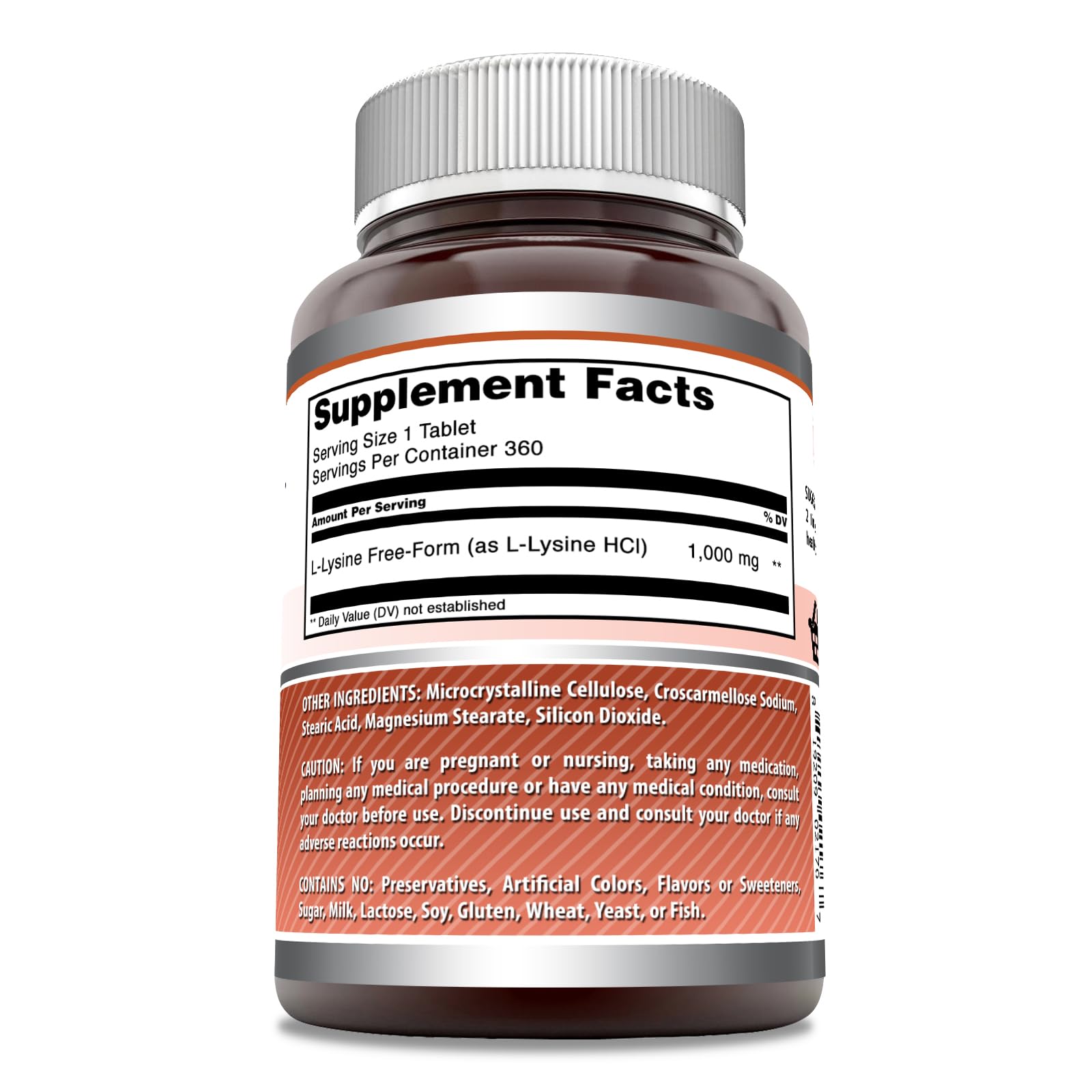 Front view of Amazing Formulas L-Lysine 1000 Mg bottle with 360 tablets
