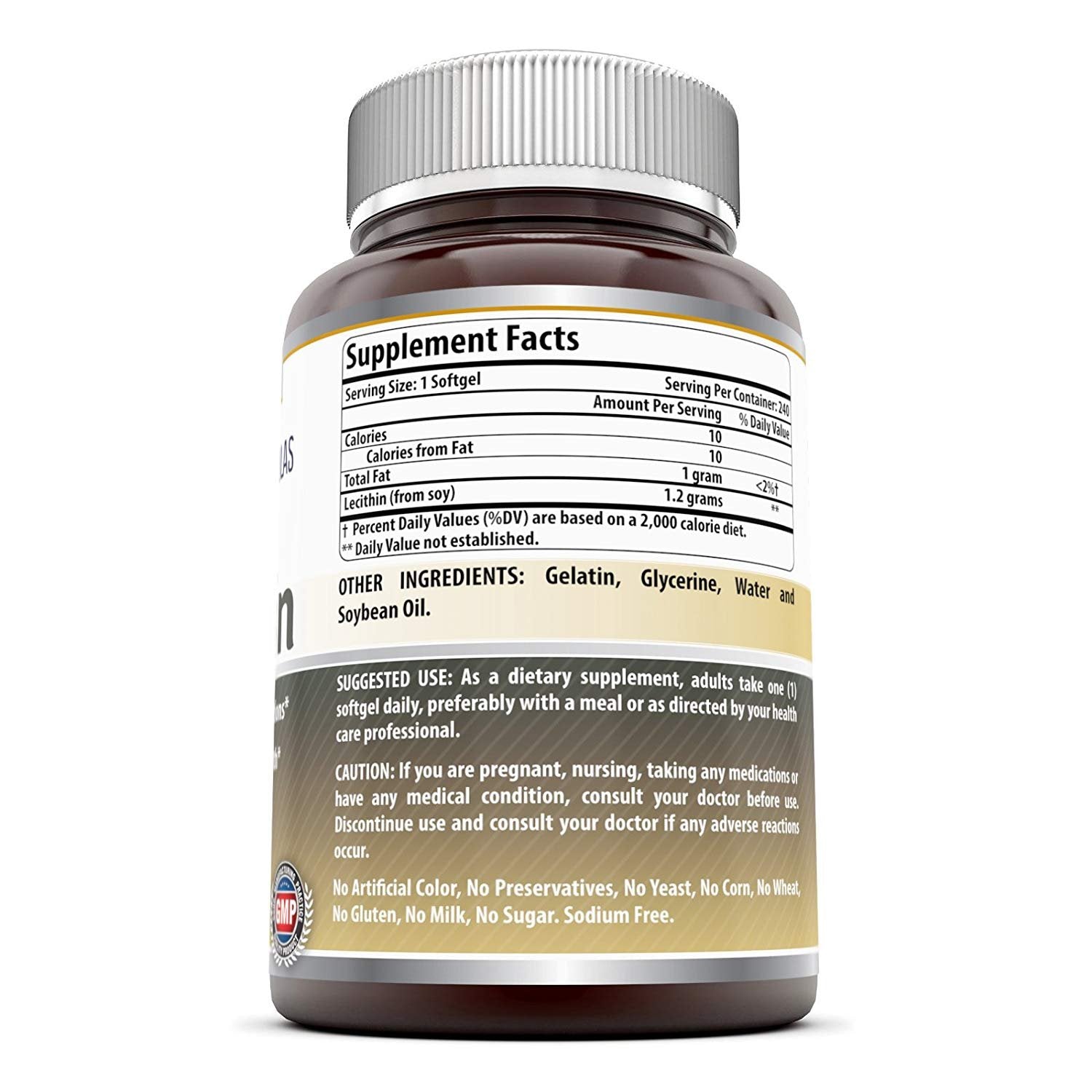 Serving size illustration with 240 softgels per bottle