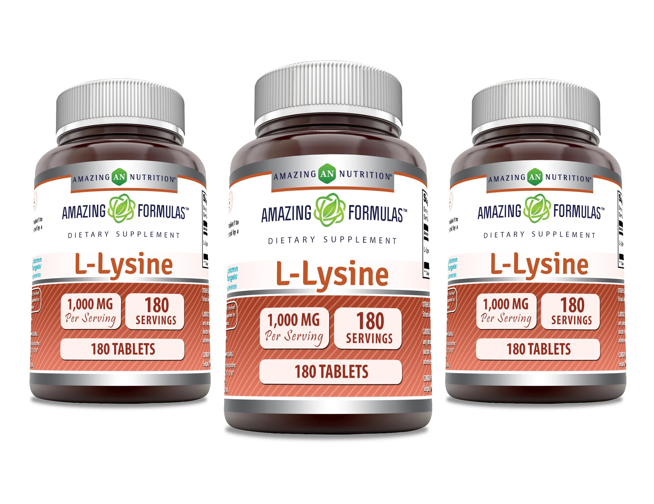 Amazing Formulas L-Lysine 1000mg tablets bottle - Non-GMO, Gluten Free, Made in USA (180 tablets) in a 3-pack