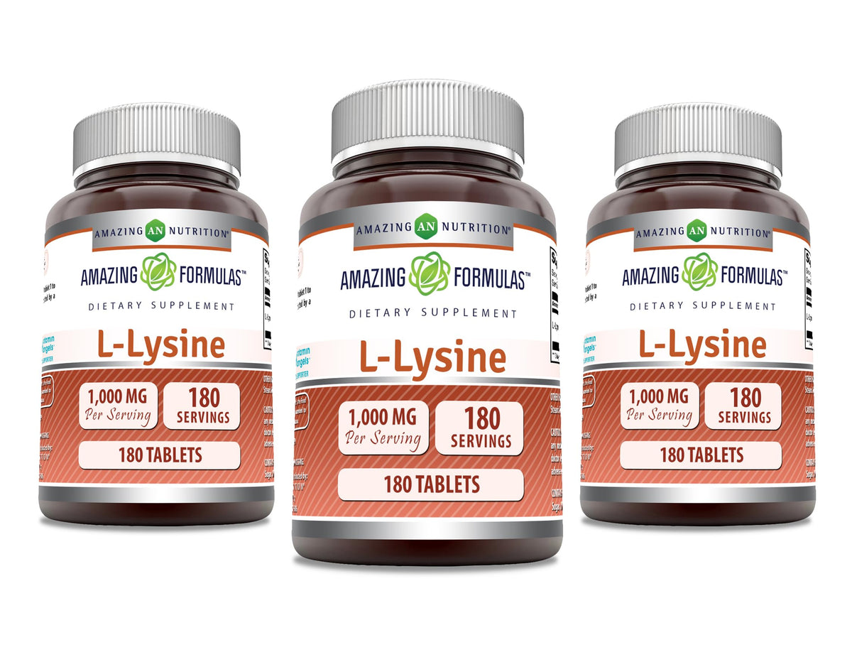 Amazing Formulas L-Lysine 1000mg tablets bottle - Non-GMO, Gluten Free, Made in USA (180 tablets) in a 3-pack