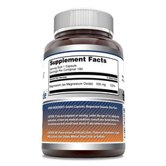 Nutrition facts and ingredients label for Amazing Formulas Magnesium Oxide 500 mg 180 capsules
