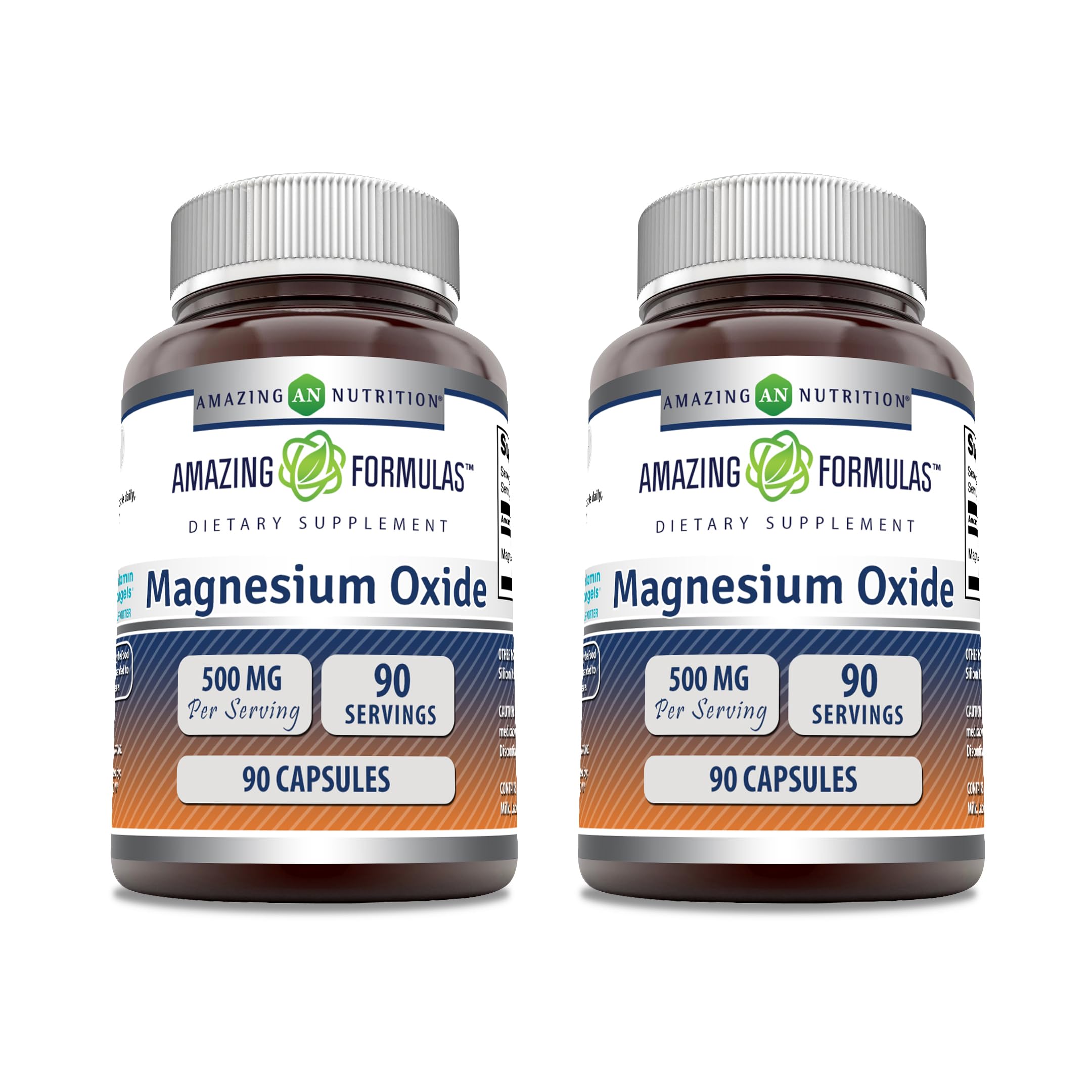 Amazing Formulas Magnesium Oxide 500 mg capsules – 2 pack, 90-count bottles, USA made