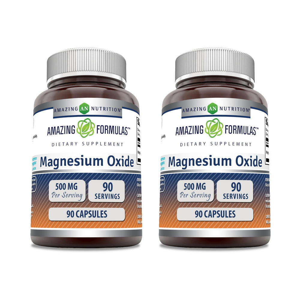 Amazing Formulas Magnesium Oxide 500 mg capsules – 2 pack, 90-count bottles, USA made