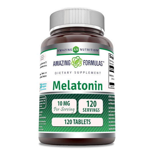 Bottle of Amazing Formulas Melatonin 10 mg tablets - front view