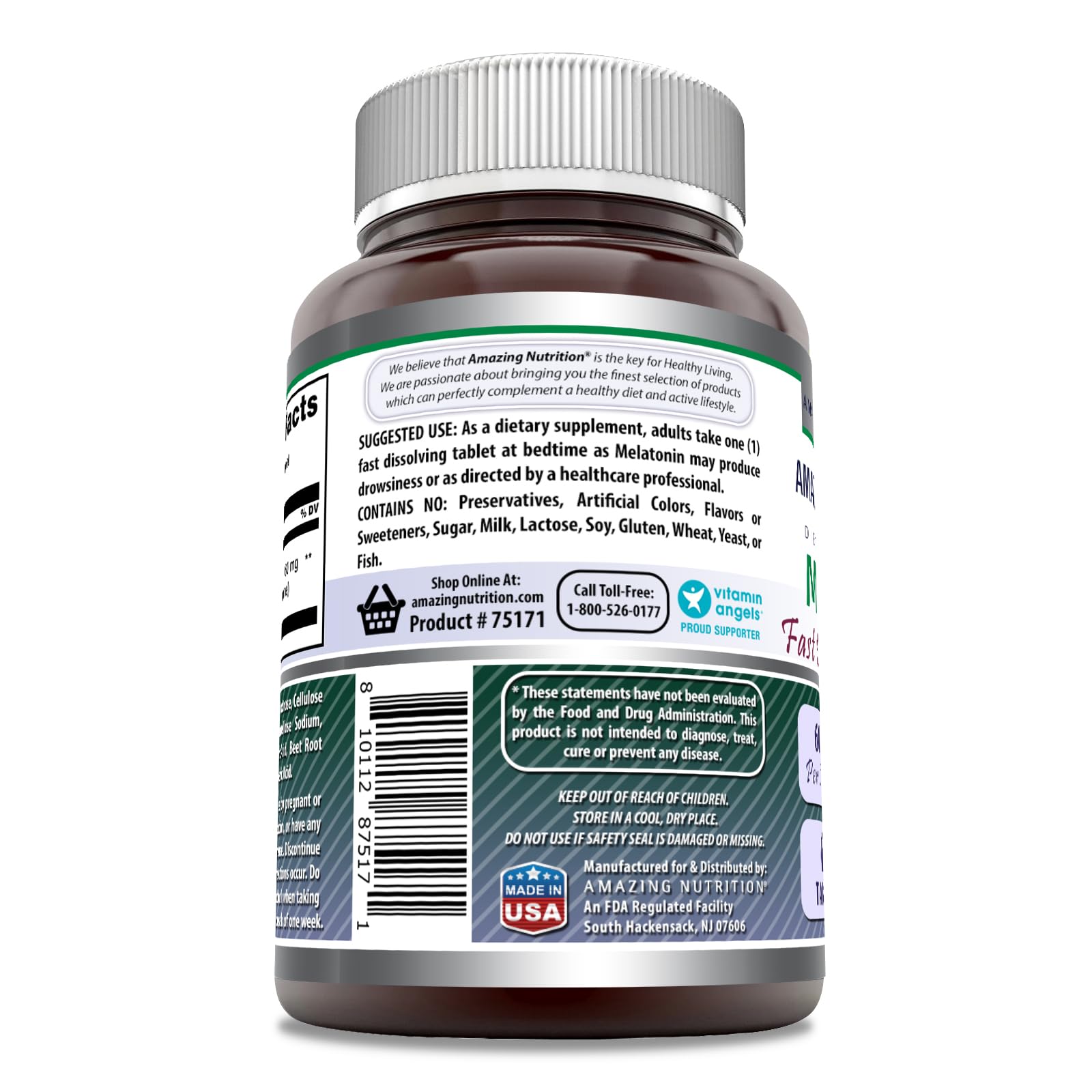 Product label for Amazing Formulas Melatonin Fast Dissolving Mixed Berry 60 mg per serving