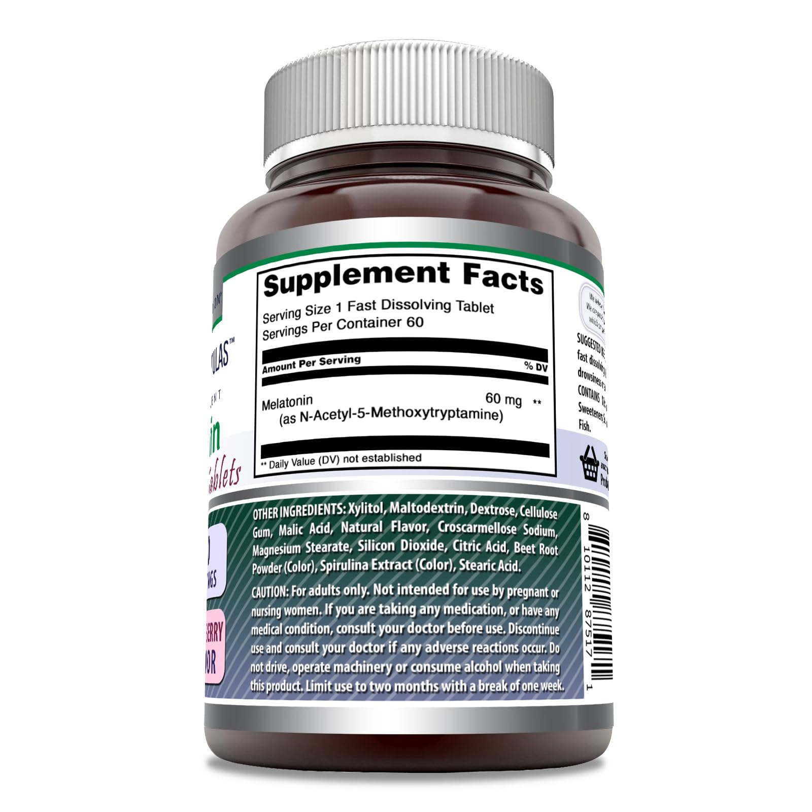 Side view of Amazing Formulas Melatonin Mixed Berry bottle showing 60 tablets per bottle