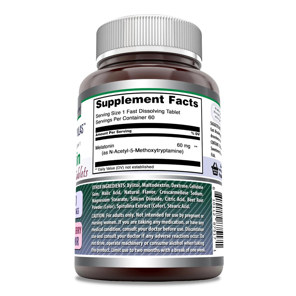 Side view of Amazing Formulas Melatonin Mixed Berry bottle showing 60 tablets per bottle