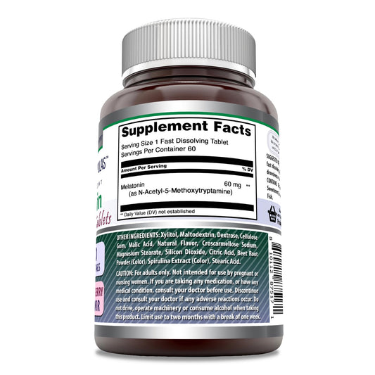 Side view of Amazing Formulas Melatonin Mixed Berry bottle showing 60 tablets per bottle